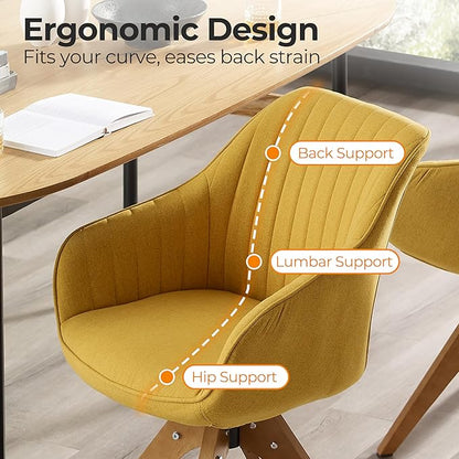 Zouron Mid Century Modern Swivel Accent Chair, Vanity Chair with Wooden Legs, Upholstered Arm Chair No Wheels, Accent Side Chair for Small Space Home Office Living Room Bedroom, Citrine