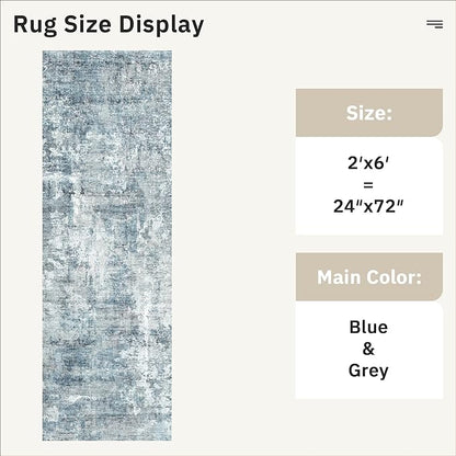 Runner Rug 2'x6' Abstract Washable Non-Slip Runner Rugs for Kitchen Bathroom Laundry Room Blue Vintage Floor Carpet Runners for Hallway Entryway