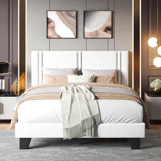 Upholstered Full Size Bed Frame with Velvet Fabric Headboard, Strong Wooden Slats Support, Noise Free, No Box Spring Needed, White