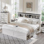 ACCOHOHO Farmhouse King Size Bed Frame with 52" High Storage Bookcase Headboard and 4 Drawers,Wooden Bed Frame with LED Light and Charging Station,White