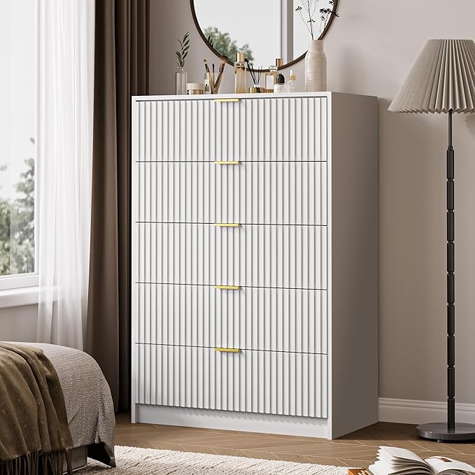 3-Piece Dresser Bedroom Set, 5 Drawer Dresser & 2 Drawer Nightstands with Gold Handles, Fluted Wood Chest of Drawers for Bedroom, Living Room, Entryway, White