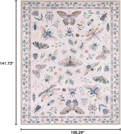Lahome Insect 9x12 Area Rugs for Living Room Bedroom, Soft Washable Rugs 9x12 Stain Resistant, Ultra-Thin Non-Slip Non-Shedding Accent Carpet for Dining Room Office, Pink