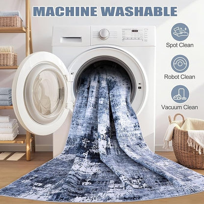 4ft Round Area Rug Living Room Rugs - 4x4 Washable Large Soft Indoor Neutral Modern Abstract Low Pile Rug Carpet for Bedroom Dining Room Farmhouse Home Office - Navy Blue