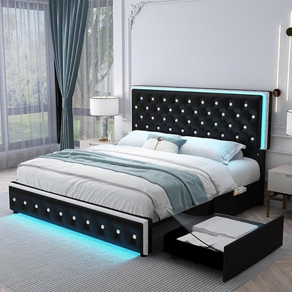 Queen LED Bed Frame with 2 Drawers, Storage Platform Beds with Upholstered Crystal Button Tufted Headboard Footboard, 2 Side Pockets, No Box Spring Needed, PU Black