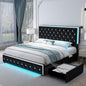 Queen LED Bed Frame with 2 Drawers, Storage Platform Beds with Upholstered Crystal Button Tufted Headboard Footboard, 2 Side Pockets, No Box Spring Needed, PU Black