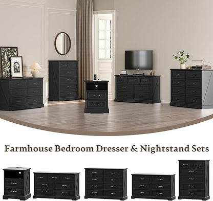 Farmhouse 8 Drawers Dresser for Bedroom, 48" Wide Modern Chest of Drawers with Deep Drawers & Bar Handles, Wood Dresser TV Stand, Wooden Rustic Closet Storage Organizer for Living Room, Hallway, Black
