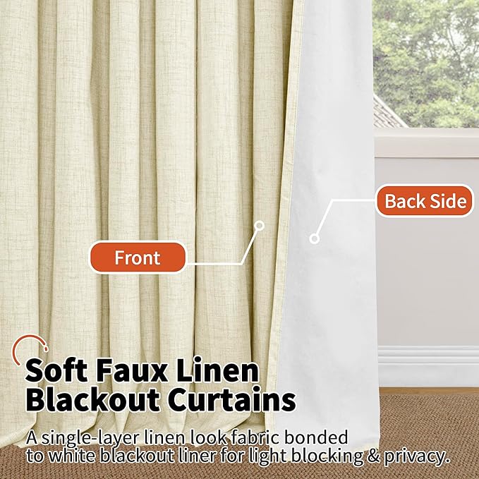 Cream Blackout Curtains for Living Room 90 Inch Length 2 Panels Set, Thermal Insulated Light Blocking Faux Linen Curtains for Bedroom, Bronze Grommet Boho Window Drape Each 52" Wide