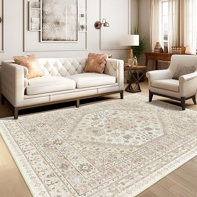 zesthome 7x9 Area Rug, Super Soft Washable Rugs for Living Room, Non-Slip Stain Resistant Vintage Rugs, Ultra-Thin Large Area Rugs (Cream/Beige,7'x9')