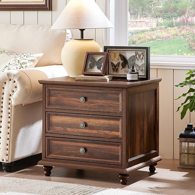 24" Wide Farmhouse Night Stand,Large End Table with 3 Drawers & Metal Handle,Wood Dresser for Bedroom Cabinet, Bed Side Table Chest of Drawers,Brown Nightstand for Living Room,Close