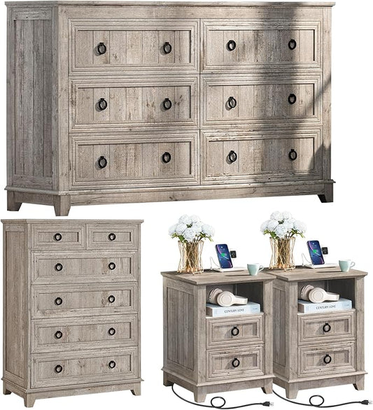 Bedroom Dresser and Nightstand Sets 4 Piece, Farmhouse 6 Drawers Dresser & 40.5" Tall Chest of Drawers,18" Nightstands with Charging Station,54" Wide Furniture Dressers for Bedroom,Living Room