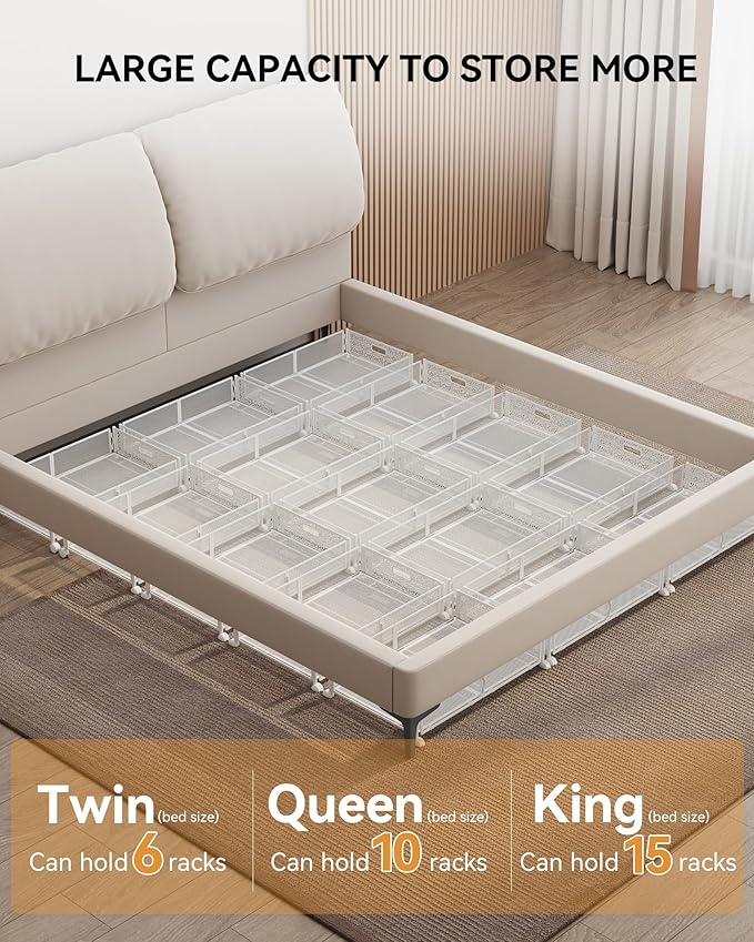 Under Bed Storage with Wheels, Foldable Pattern Carved Metal Under The Bed Storage, Tool-Free Assembly Under The Bed Storage Bins, 60L Underbed Storage for Bedroom Clothes Blankets Shoes Toys-4 Pack