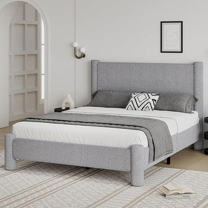 Queen Size Bed Frame, Boucle Upholstered Platform Bed with Headboard and Footboard, Soft Rounded Corners, No Box Spring Required, Easy Assembly, Light Grey