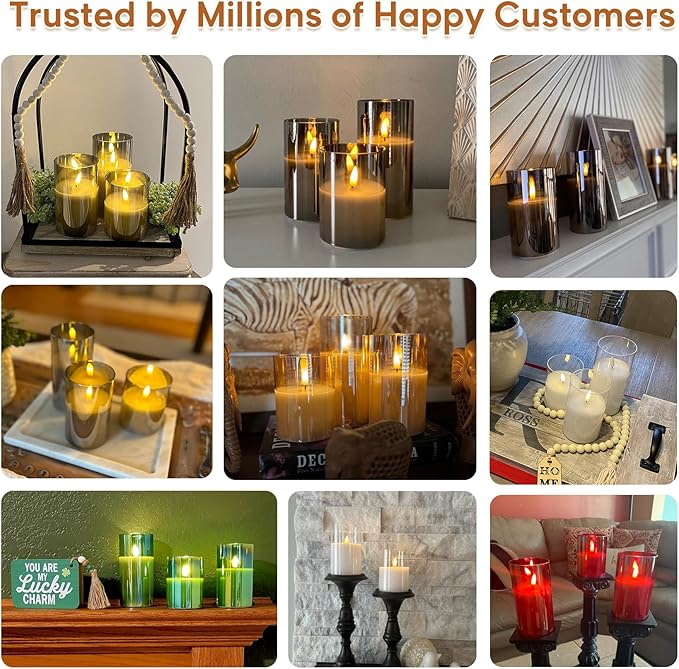 Eywamage Red Glass Flameless Pillar Candles with Remote, Flickering Christmas Battery LED Candles Holiday Decor Set of 3