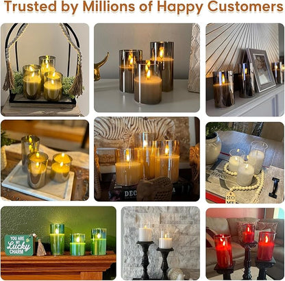 Eywamage Red Glass Flameless Pillar Candles with Remote, Flickering Christmas Battery LED Candles Holiday Decor Set of 3