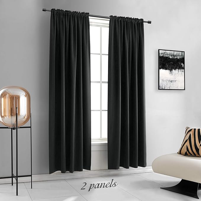 DONREN 99% Blackout Curtains for Bedroom - Thermal Insulating Blackout Rod Pocket Drapes for Small Windows (52 x 84 Inches Long,Set of 2 Panels,Black)