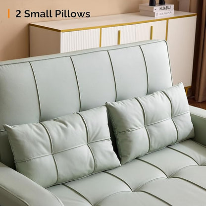VINGLI Light Green Futon Sofa Bed Convertible Loveseat Sleeper Couch, Faux Leather Pullout Sofa Fold Out Couch Bed with USB Ports, Cup Holders, Armrest for Living Room, Bedroom Apartment Room