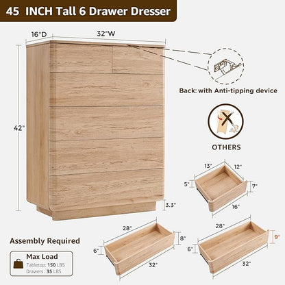 ACCOHOHO 6 Drawer Dresser for Bedroom, 42 Inch Tall Modern Chest of Drawers, Push-to-Open Wood Storgae Organizer with Large Drawers for Bedroom, Living Room, Hallway, Natural Oak
