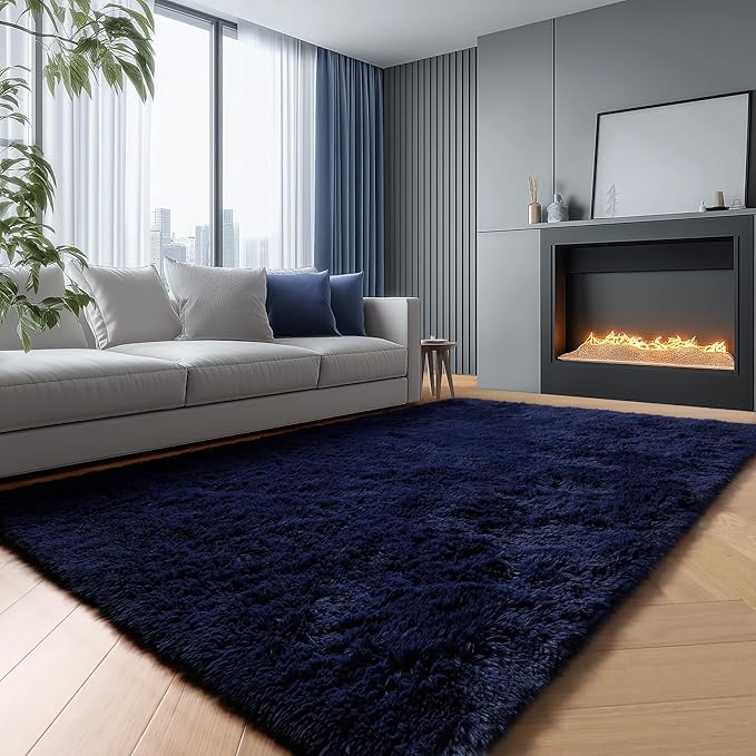 PAGISOFE Navy Blue Rug 3x5, Fluffy Dark Blue Rugs for Bedroom Super Soft Bedside Rugs, Modern Indoor Carpets for Living Room Non-Slip Carpet for Kids Boys Girls Teen Dorm Nursery Room Decor Classroom