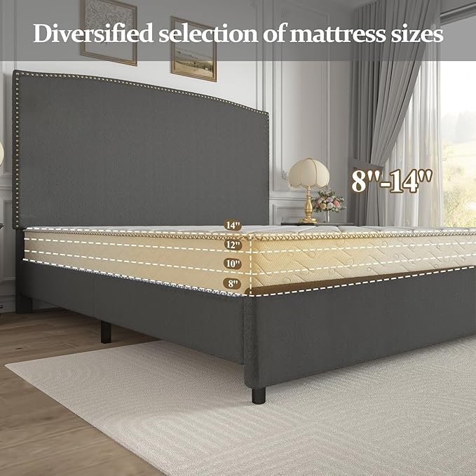 Full Size Bed Frame with Headboard, 56" Upholstered Platform Bed with Nailhead Trim, Soft Boucle Fabric, No Box Spring Needed, Easy Assembly, Grey