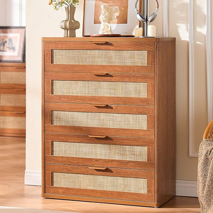 LEYAOYAO Dresser for Bedroom, 41" Tall Chest of Drawers, Modern 5 Drawers Boho Rattan Dressers with Storage, Dresser Wooden Closet Organizer for Living Room, Hallway, Tea Brown