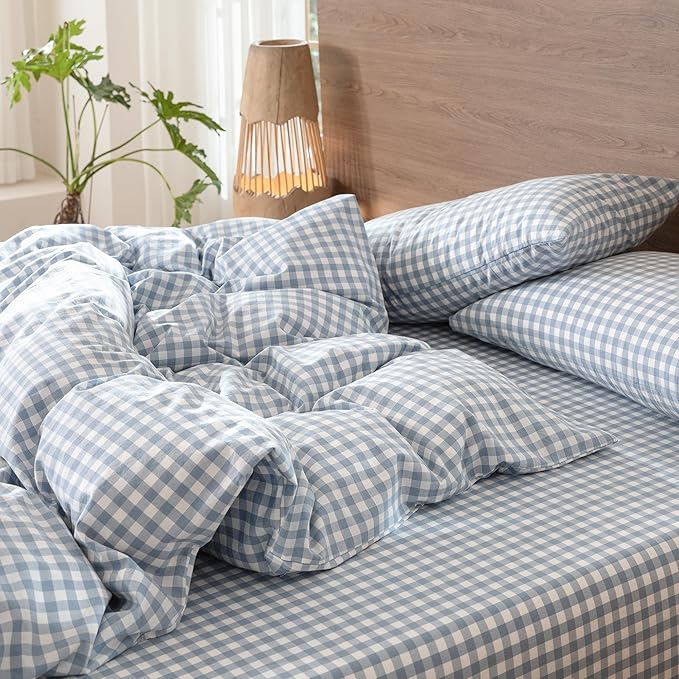 MooMee Gingham Duvet Cover Set 100% Washed Cotton Linen Like Textured Breathable Durable Soft Comfy Modern Checkered Design (Classic Gingham Cornflower Blue, Cal King 104"x98")