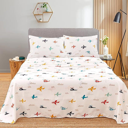 JSD Airplane Kids Sheet Set Full Size, 4 Piece Soft Printed Microfiber Bed Sheets Deep Pocket