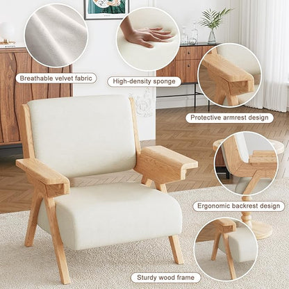 Accent Chair Set of 2, Mid Century Modern Chair, Velvet Upholstered Lounge Arm Chair with Solid Wood, Cozy Seating for Living Room, Bedroom, Balcony (White)