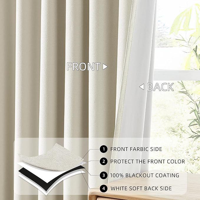 ChrisDowa 100% Blackout Birch Solid Curtains 120 Inches Long 2 Panels for Bedroom Living Room,Farmhouse Room Darkening Thermal Insulated Soundproof Grommet Top Window Treatment Drapes,52x120