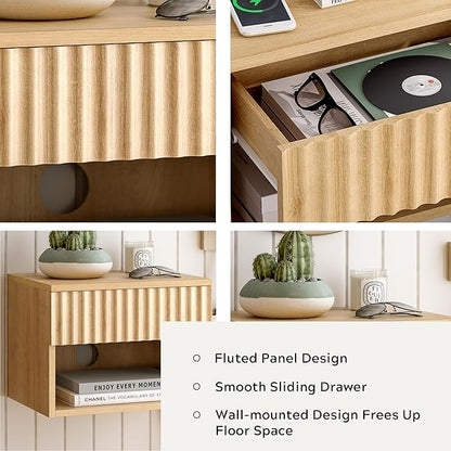 Floating TV Stands Set of 4 with Drawer and Open Shelf, Small Wall Mounted Bedside End Table, Modern Fluted Night Stand for Bedroom, Living Room, Natural Oak
