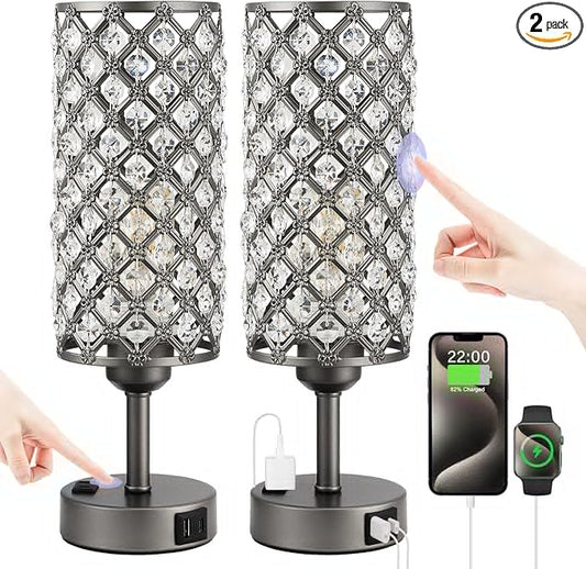Hong-in Gray Crystal Lamp Touch Control Set of 2, Crystal Table Lamps with USB C+A Ports & AC Outlet, 3-Way Dimmable Nightstand Touch Lamp, Modern Bedside Table Lamp for Bedroom(Bulbs Included)