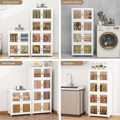 Large Clear Stackable Storage Bins with Lids, 180QT-45QT*4Tier Foldable Cabinet for Closet Organizers, Plastic Storage Box with Wheels White