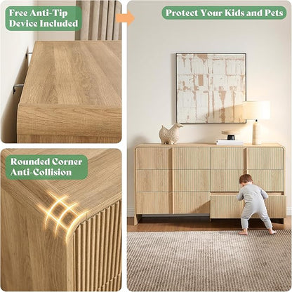 AMERLIFE 63" Fluted 6 Drawer Dresser, Long Modern Chest of Storage Drawers with Pine Handles, Rounded Corners & Anti-Tip Design, Wood Closet Organizer for Bedroom, Living Room, Nursery, Natural Oak