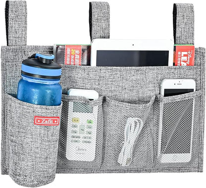 Linen Bedside Caddy, Bedside Storage Organizer for Hospital Beds, College Dorm Rooms or Baby Bed (5 Pockets-Grey)