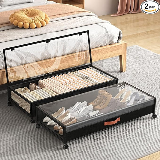 Under Bed Storage Containers With Wheels 54L Large Underbed Shoes Blankets Clothes Toy Storage Drawers For College Dorms Bedrooms Nursery Rooms Organization… (Black 2 Pack, XXL(36"x16.6"x7.28"))