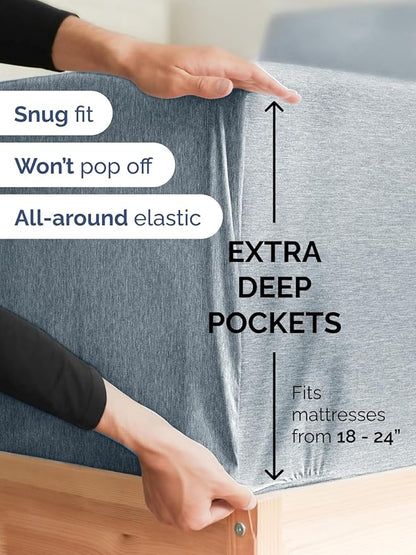 Extra Deep Twin Sheet Set - 4 Piece Breathable and Cooling Sheets - Hotel Luxury Bed Sheets Set - Easy Fit - Soft, Wrinkle Free and Comfy Sheets Set - Heathered Blue Sheet Set with Extra Deep Pockets