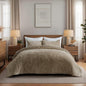 EVERGRACE Velvet Quilt Set Queen Size, Luxurious Soft Striped Channel Bedding Set, Lightweight Velvet Comforter for All Season, Oversized Bedspread Coverlet with 2 Matching Shams, Sand Dune