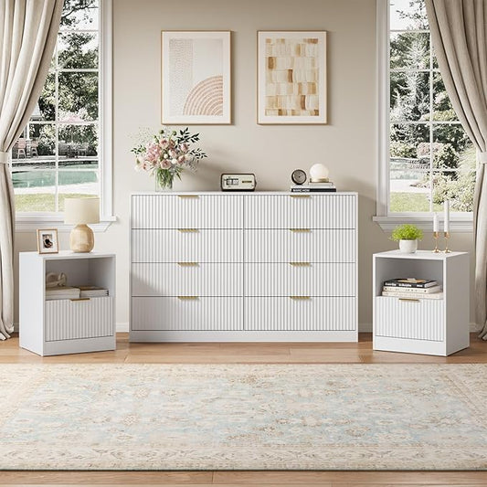 8 Drawer Dresser & Nightstand Set 3-Piece, 55” Wide Bedroom Set Night Stand Set of 2 with Metal Handle, Fluted Modern Wood Chest of Drawers Storage Dressers Set for Bedroom, White
