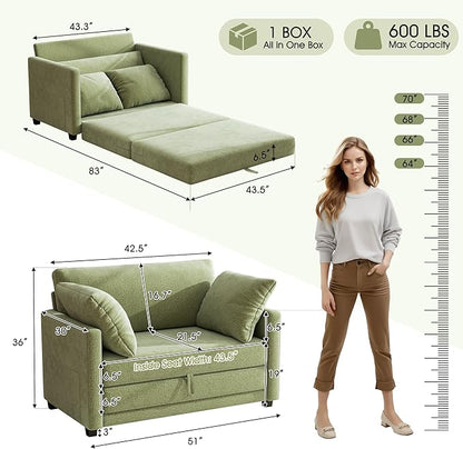 51" Loveseat Sleeper Sofa Bed, Chenille Convertible Floor Sofa Bed for Small Spaces, Folding Couch Bed with Deep Seat, 2 Pillows & Solid Frame, Pull Out Floor Couch for Living Room, Green
