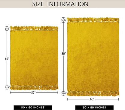 Chenille Throw Blanket for Couch 60"X 80" Twin, Soft Cozy Throws with Fringe Tassel for Bed Sofa Chair Cover, Lightweight Knitted Decorative Boho Blankets for Living Room, Yellow