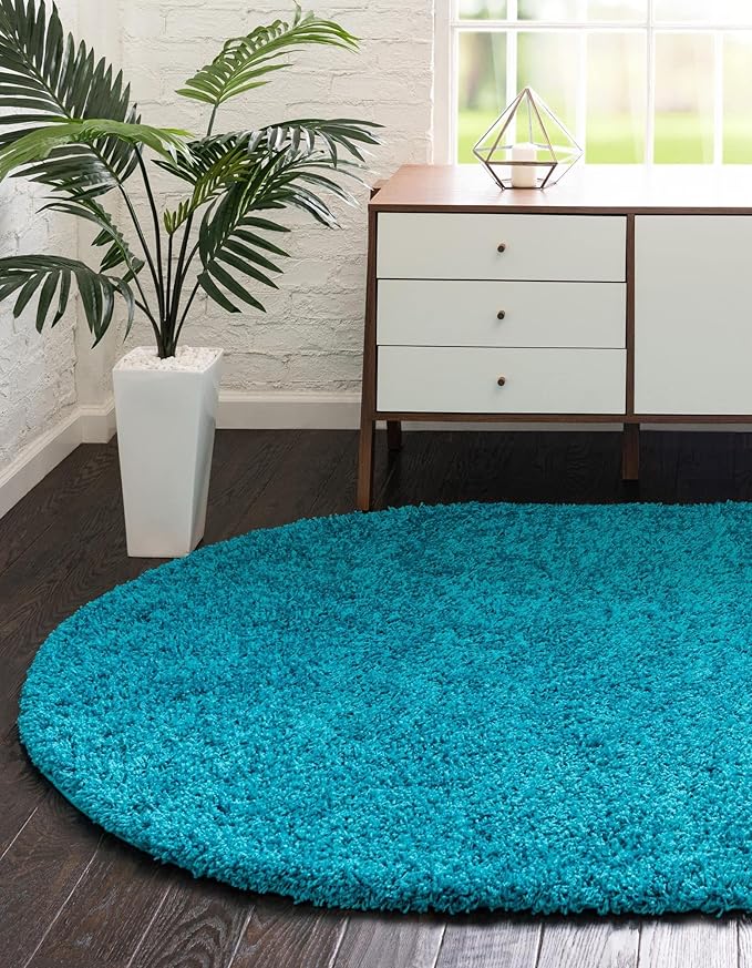 Unique Loom Solid Shag Collection Area Rug (5' 1" x 8' Oval, Turquoise)