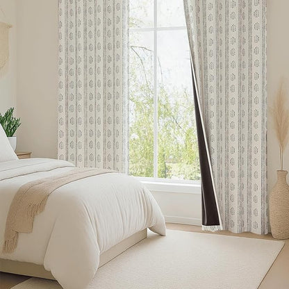 100% Boho Blackout Curtains 63 Inches Long for Bedroom, Black on Beige Patterned Bohemian Curtains for Living Room, Geometric Striped Thermal Insulated Window Drapes Gromment Top 2 Panels