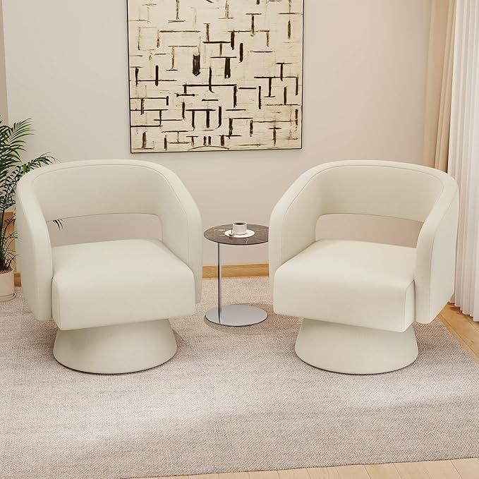 Swivel Accent Chair Set of 4, Modern Comfy Chenille Barrel Chairs, Oversized Upholstered Round Arm Chair for Living Room, Bedroom, Reading Room, Beige