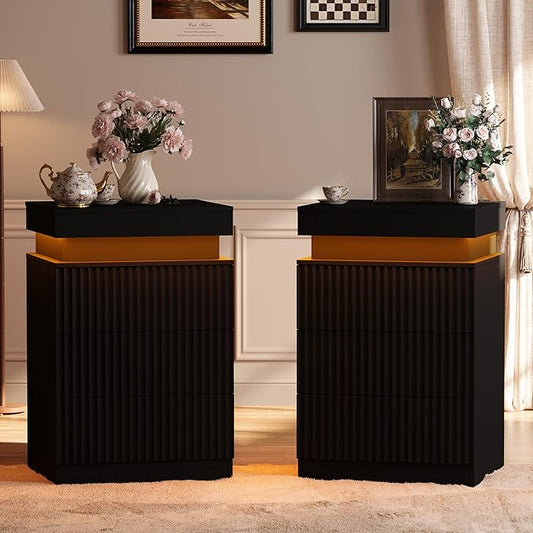 Nightstand Set of 2 for Bedroom, LED Nightstand with 3 Drawers and Charging Station, Mid Century Modern Fluted Nightstands, Bedside Tables & End Tables, Black