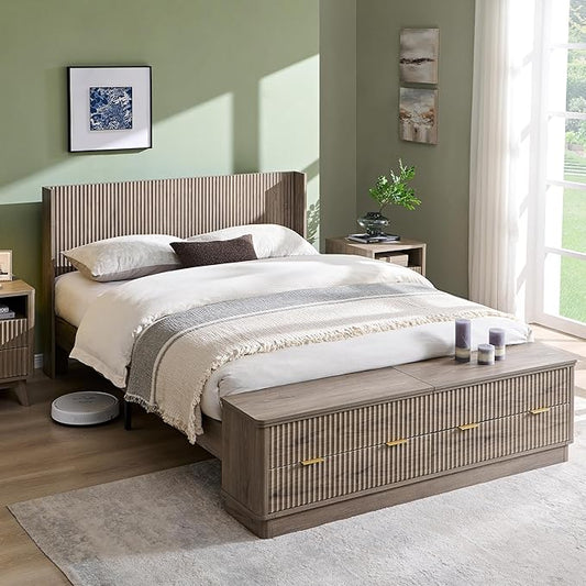 T4TREAM Fluted Queen Size Bed Frame with Wingback Headboard, Footboard Storage Bench with Built-in Drawers & Lift-Up Compartments, Wood & Steel Platform Bed, No Box Spring Needed, Grey Alder
