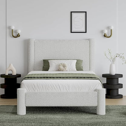 Twin Size Bed Frame, Boucle Upholstered Platform Bed with Headboard and Footboard, Soft Rounded Corners, No Box Spring Required, Easy Assembly, White