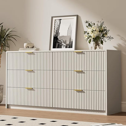 3-Piece Dresser Bedroom Set, 6 Drawer Dresser & 2 Drawer Nightstands with Gold Handles, Fluted Wood Chest of Drawers for Bedroom, Living Room, Entryway, Beige