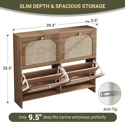 Nicetree Rattan Arched Accent Shoe Storage Cabinet - Freestanding Ultra Slim for Entryway, 4 Flip Drawers & 3-Tier Adjustable Shelves, Farmhouse Modern Rustic Shoe Rack for Hallway, Foyer, Living Room