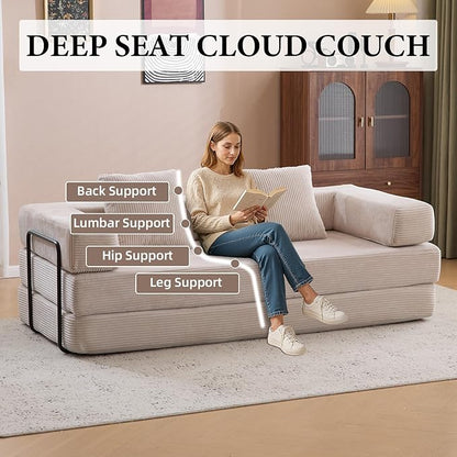 4-in-1 Convertible Folding Sleeper Sofa Bed, Fold Out Floor Sofa Couch with Fixed-Shape Frame, Cloud Corduroy Foldable Mattress Couch for Living Room Bedroom (77" Corduroy, Light Grey)
