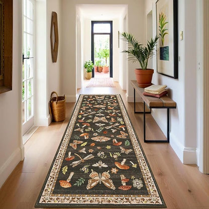 Mushroom Insect Washable Rug 2x6 Runners for Hallways, Boho Kitchen Runner Rugs Non Slip Bath Runner, Modern Bedroom, Soft Long Entryway Bathroom Laundry Dorm, Brown