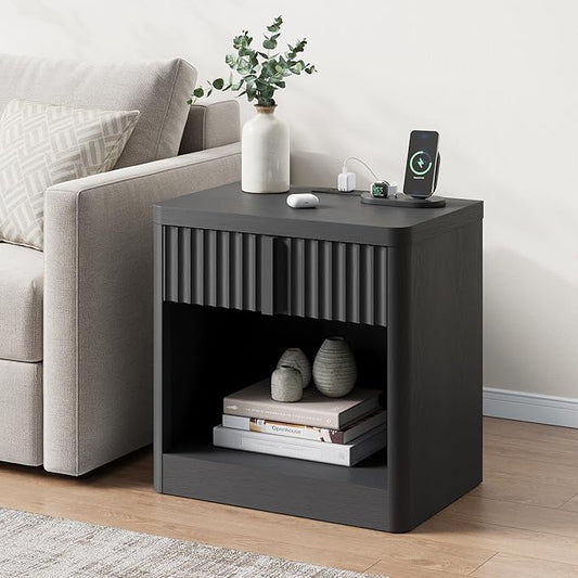 Fluted Nightstand with Charging Station, 23.6" End Table with Solid Wood Handle, Curved Profile Design, Mid Century Moden Bedside Table for Bedroom, Black